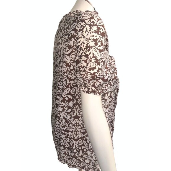 Ann Taylor Loft Large Brown White Silk Cotton Floral Blouse Romantic City Chic - Picture 6 of 12